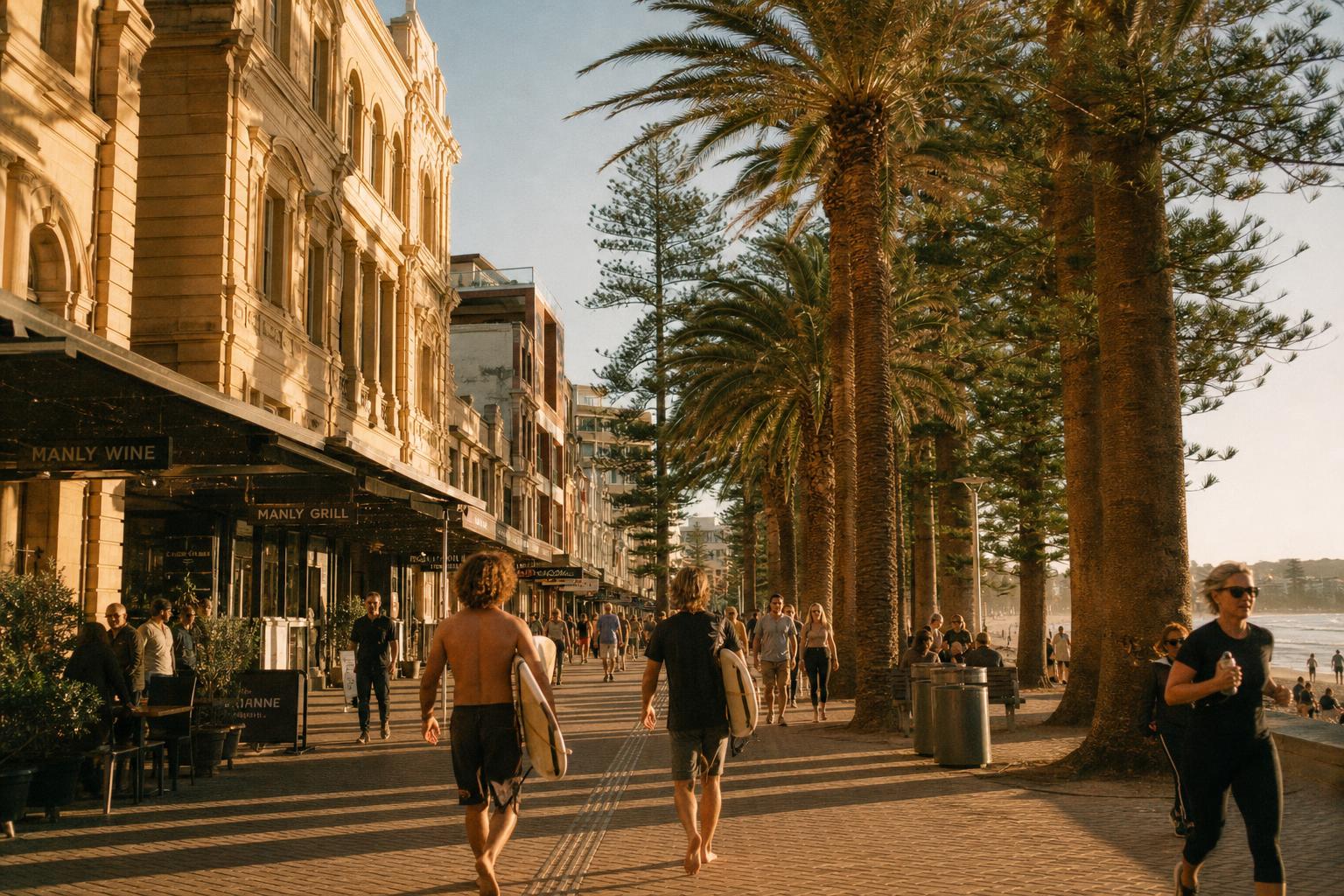 The Corso pedestrian strip in Manly at golden hour