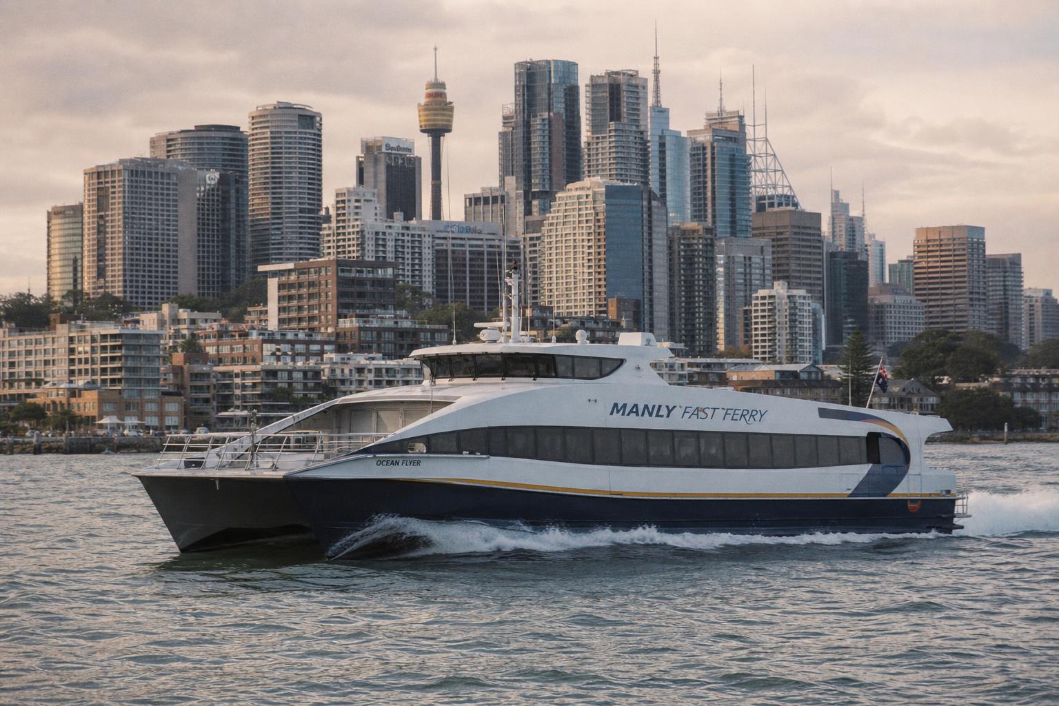 A yellow Manly Fast Ferry catamaran speeding under the Sydney Harbour Bridge