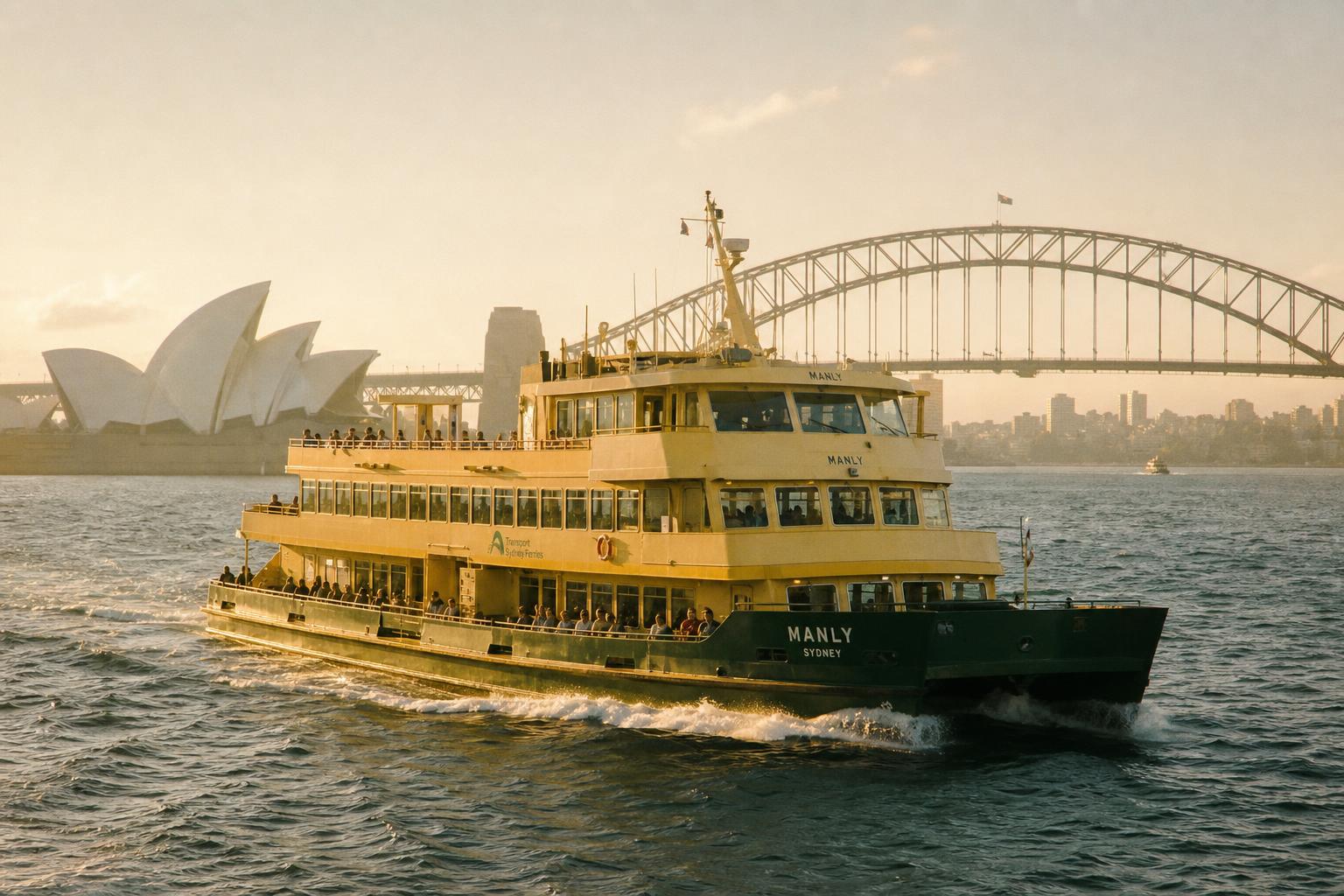 A green and yellow Freshwater Class Manly Ferry crossing Sydney Harbour