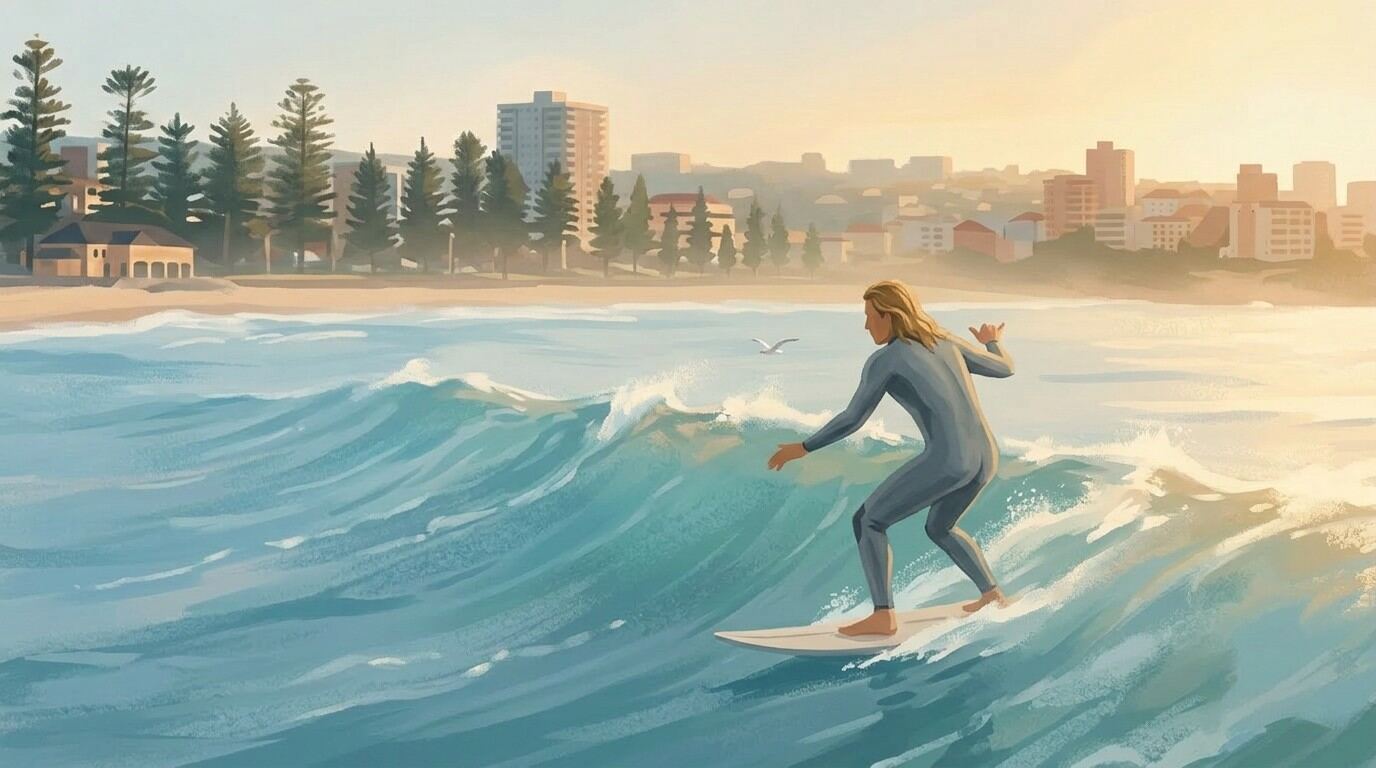 A surfer walking down to the water at Manly Beach in the early morning light, board under one arm.