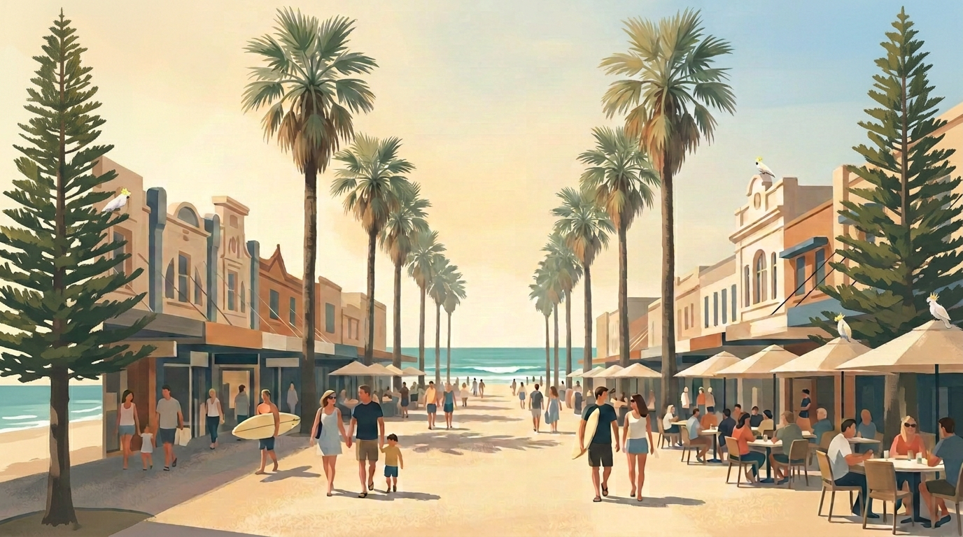 The Corso in Manly, looking toward the ocean: the pedestrian strip lined with palms and Norfolk pines, awnings and café tables along the right-hand side, and the surf visible at the far end. This street is where the premium lives — and it is about ninety seconds wide.
