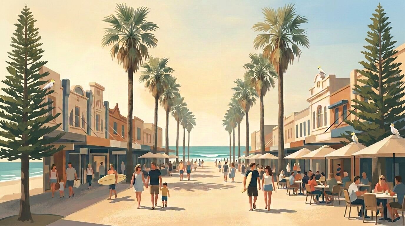 The Corso in Manly, looking toward the ocean: the pedestrian strip lined with palms and Norfolk pines, awnings and café tables along the right-hand side, and the surf visible at the far end. This street is where the premium lives — and it is about ninety seconds wide.