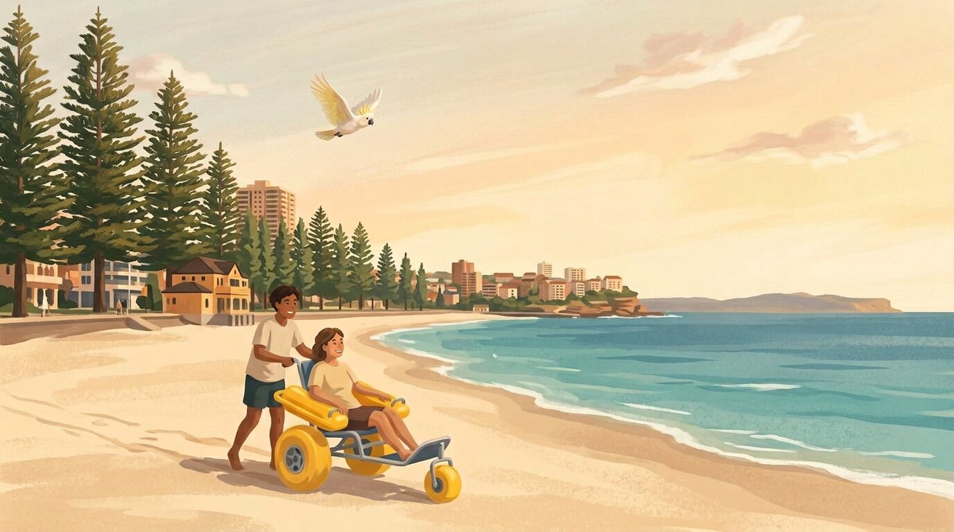 Painterly view along the flat beachfront promenade at South Steyne, a person in a wheelchair beside the Norfolk pines with the ocean and the headland beyond.