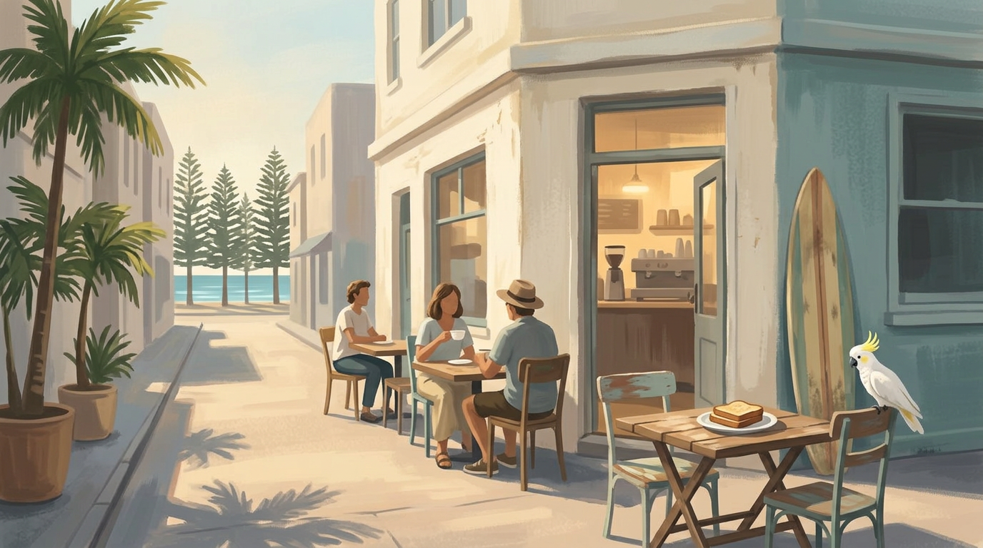 Scena pittorica di un caffè fronte spiaggia a Manly: due persone a un tavolo all'aperto sotto una tenda, con due flat white e un piatto di uova, pomodori e avocado, palme e la passeggiata deserta sullo sfondo, il mare calmo all'orizzonte e un cacatua crestagialla in volo.