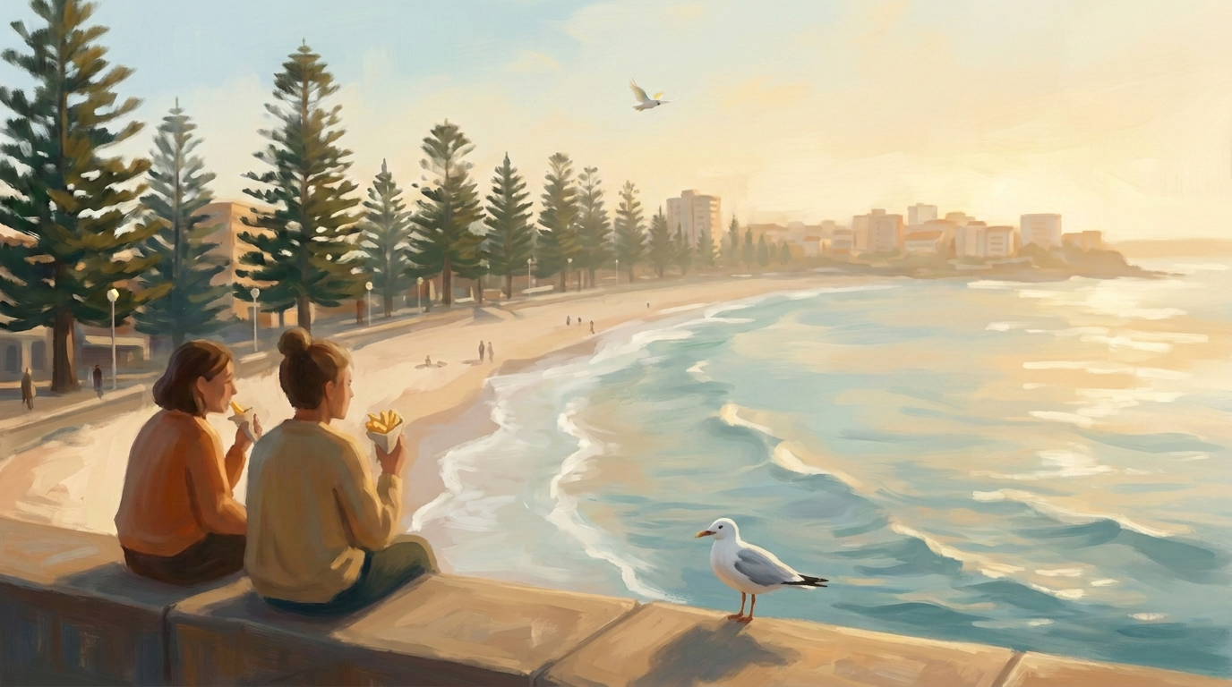 Painterly Manly scene at late afternoon: a paper parcel of battered fish and chips open on the low beach wall, Norfolk pines and the promenade behind, a silver gull watching from a bollard a few feet away, and the sea going gold beyond the sand.