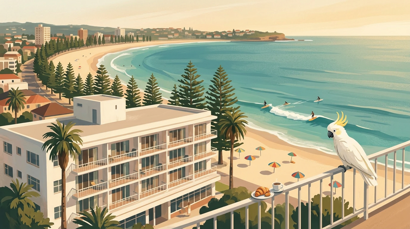 Malerischer Blick die North-Steyne-Promenade von Manly entlang: die Reihe der Strandhotels hinter Norfolk-Kiefern, Surfer in sauberen Wellen, Sonnenschirme auf goldenem Sand und ein Gelbhaubenkakadu auf einem Balkon, der ein Frühstückscroissant beäugt.