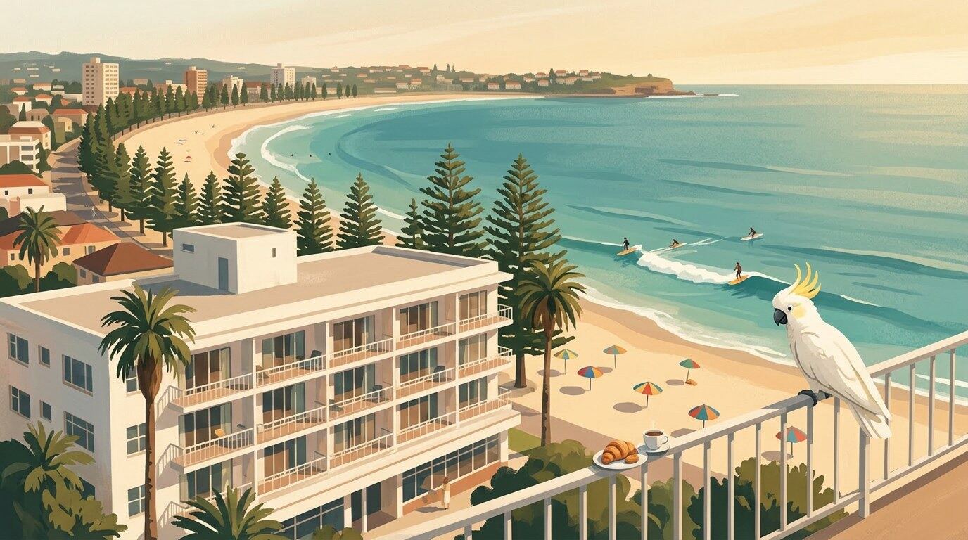 Painterly view down Manly's North Steyne strip showing the row of beachfront hotels behind Norfolk pines, surfers in clean waves, beach umbrellas on golden sand and a sulphur-crested cockatoo perched on a balcony eyeing a breakfast croissant.