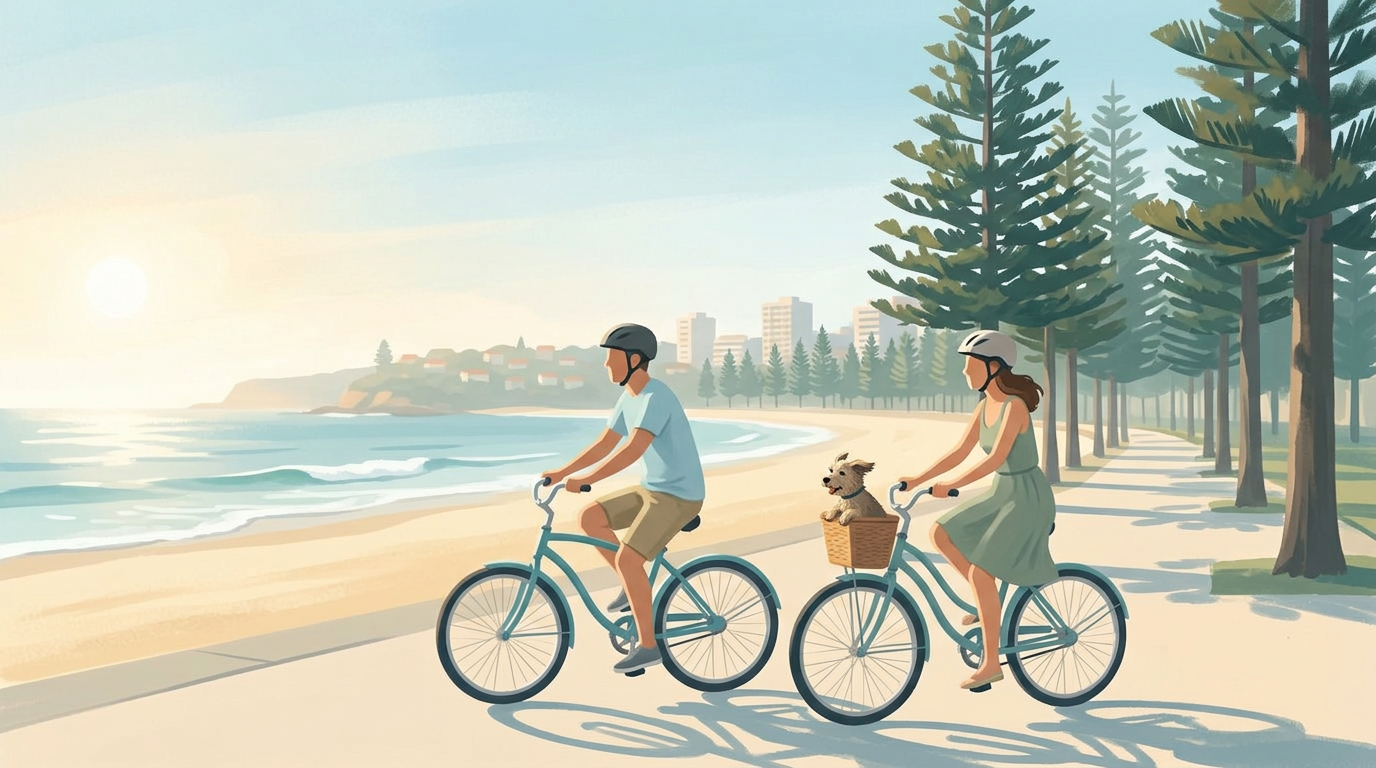 Painterly illustration of two cyclists riding beach cruiser bikes along the Manly beachfront cycle path, with golden sand, gentle surf, Norfolk Island pines and the town skyline behind them, and a small happy dog riding in the front basket of one bike.