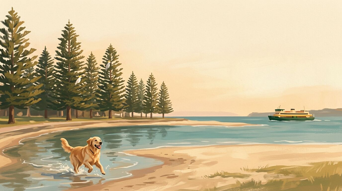 Painterly view of a dog off-leash at Manly Lagoon at golden hour, with Norfolk pines and the Corso in the background and a ferry crossing the harbour beyond.