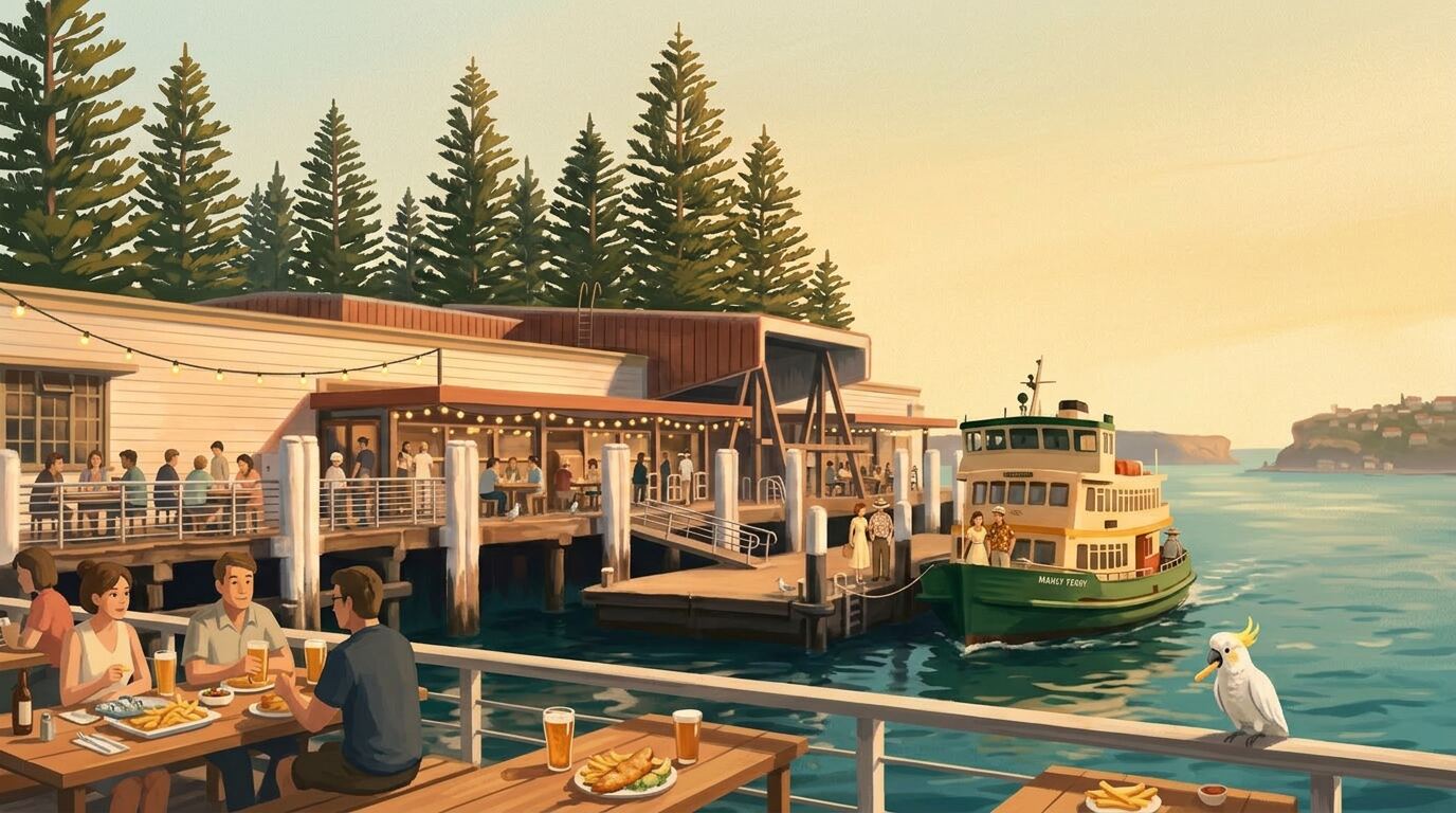 Painterly view of Felons Manly at golden hour: the long timber deck of the brewpub perched right on the wharf, string lights above tables of schooners and fish and chips, a green-and-yellow Manly ferry easing into the pier, Norfolk pines behind, and a sulphur-crested cockatoo perched on the railing eyeing a stray chip.