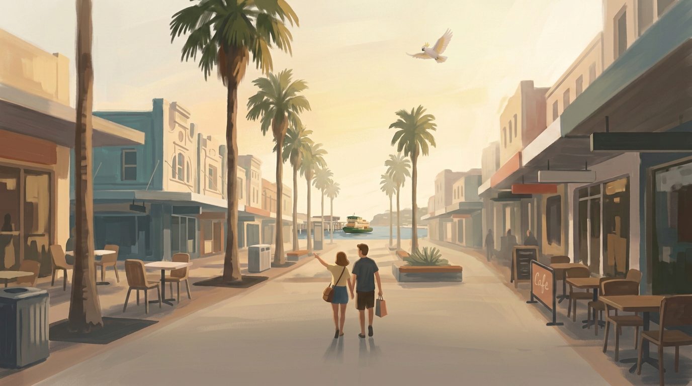 Two first-time visitors walk beneath palms along Manly's Corso toward the distant wharf and ferry, with a small cockatoo flying overhead.