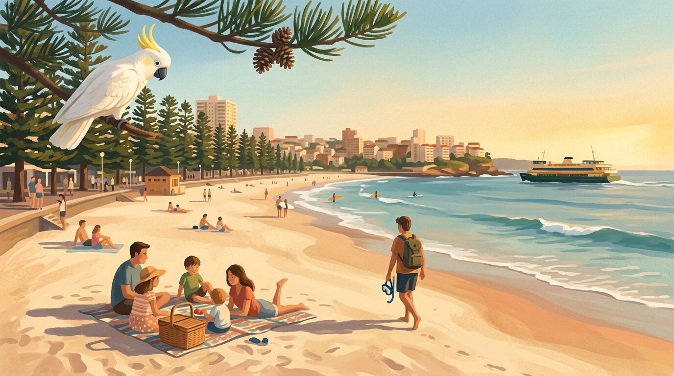 Painterly Manly Beach at golden hour: a family picnicking on the sand, a barefoot backpacker heading to the water with a snorkel, the Manly ferry chugging past the headland, and a sulphur-crested cockatoo perched on a Norfolk pine.