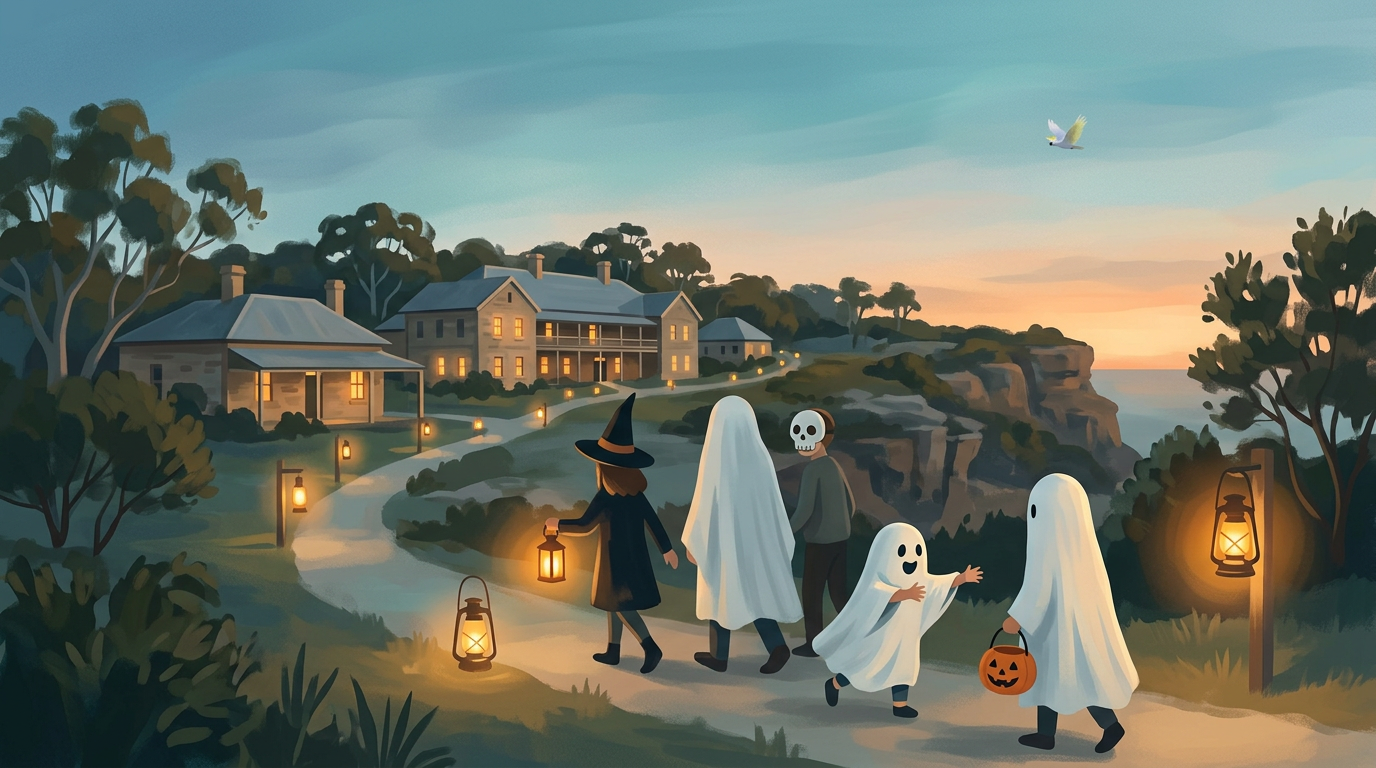 A costumed ghost-tour group on a lantern-lit path to the old Quarantine Station at North Head at dusk, a small cockatoo flying overhead.
