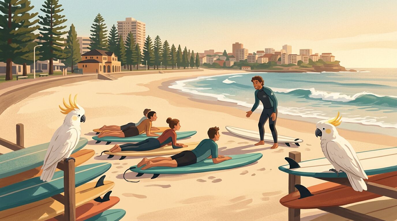 A surf instructor coaching a group of beginners lying on foam surfboards on Manly Beach at golden hour.