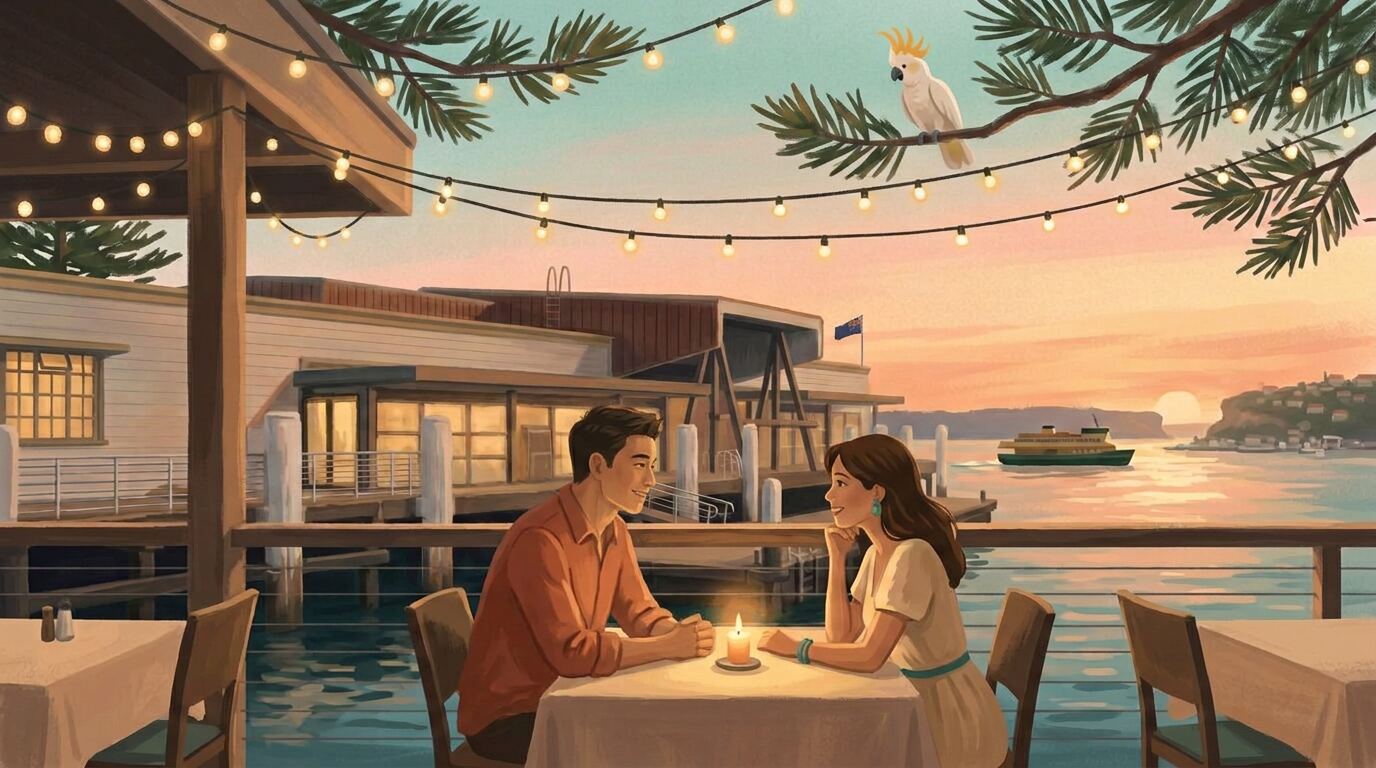 Painterly view of a couple dining at a candlelit waterfront table in Manly at golden hour, with the harbour and Manly ferry in the background, fairy lights overhead, and a sulphur-crested cockatoo perched nearby.