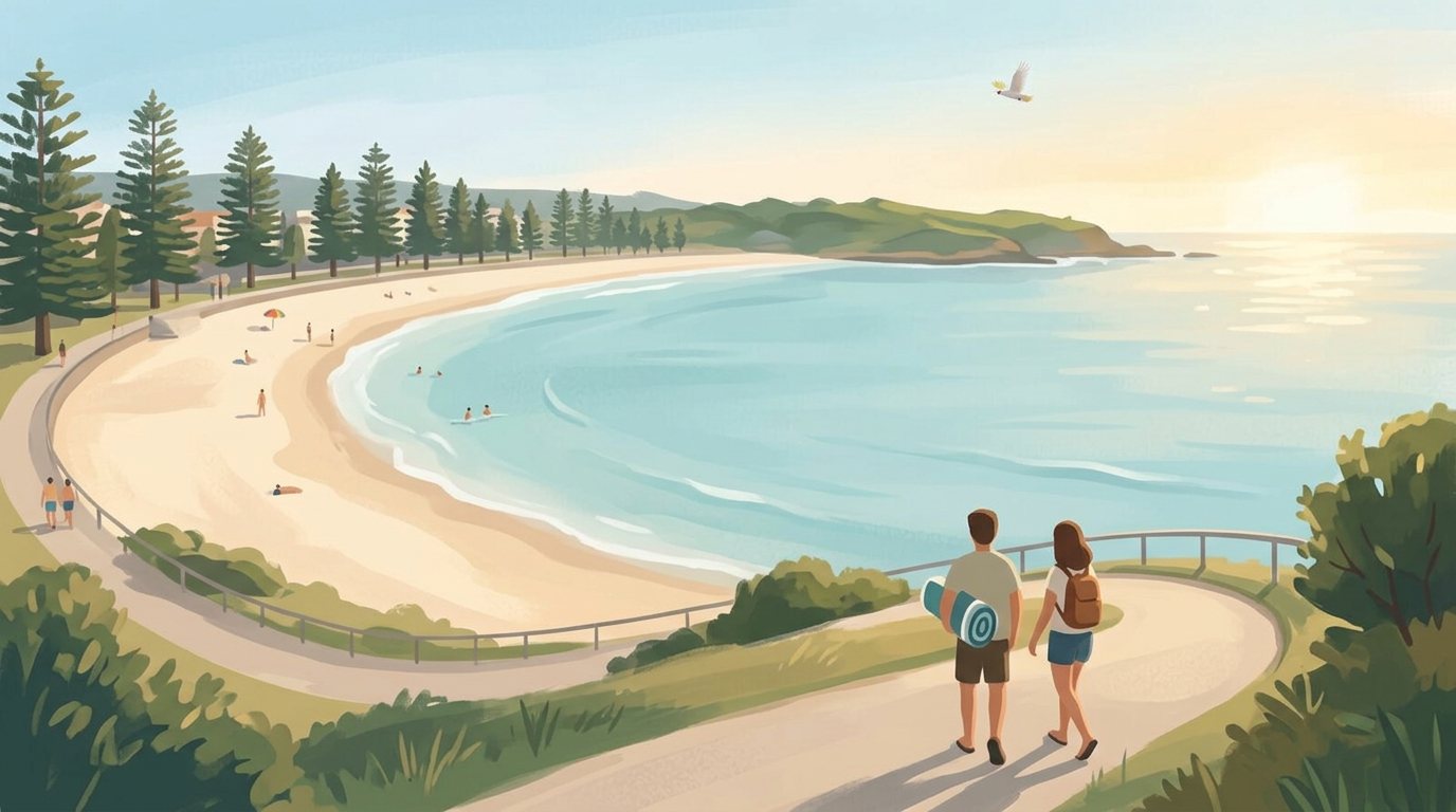 Two visitors walk above Manly Beach, with Norfolk pines along the sand, pale blue water and a small cockatoo flying overhead.