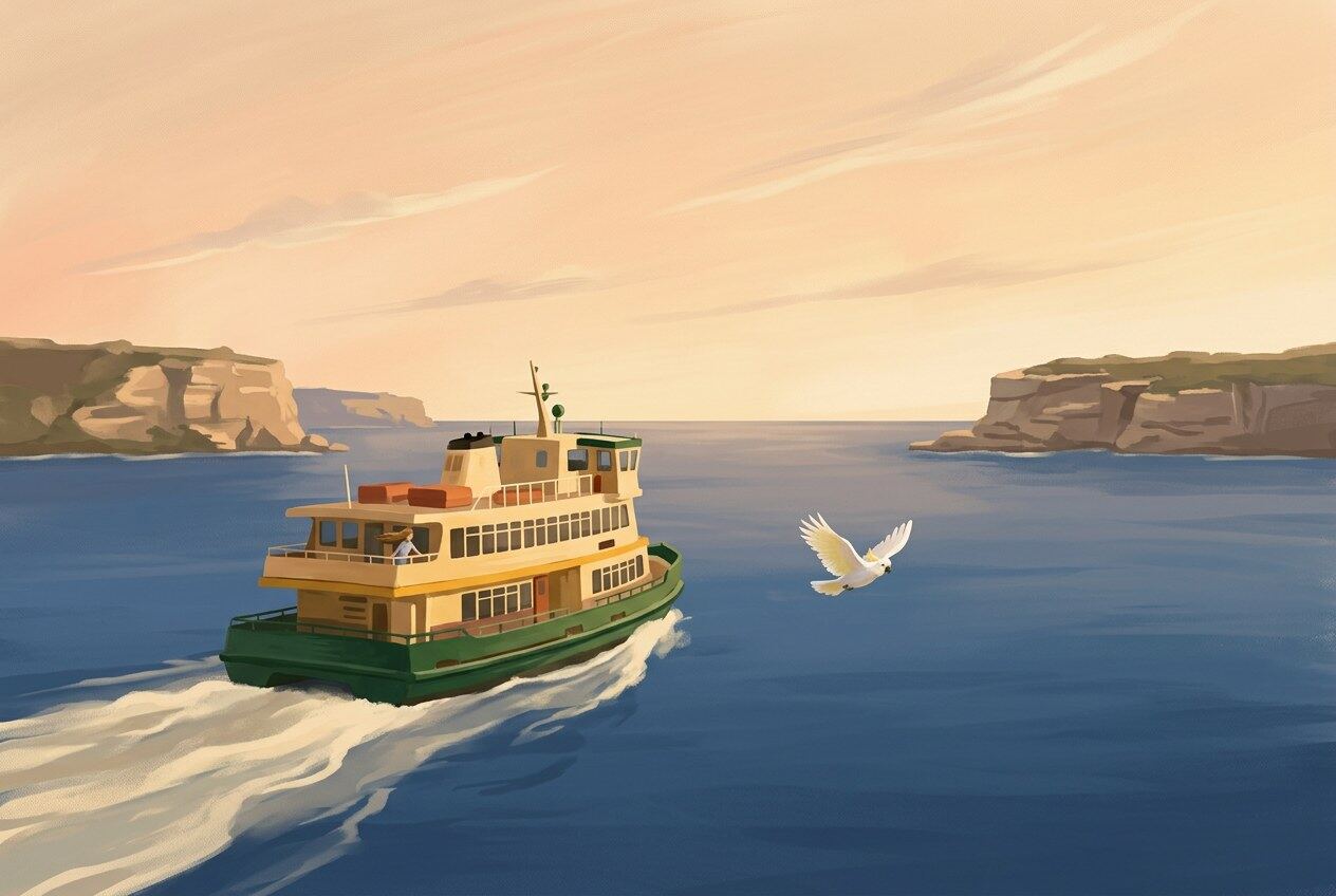 Painterly illustration of the green-and-yellow Manly Ferry crossing Sydney Harbour at golden hour, with a sulphur-crested cockatoo gliding alongside.