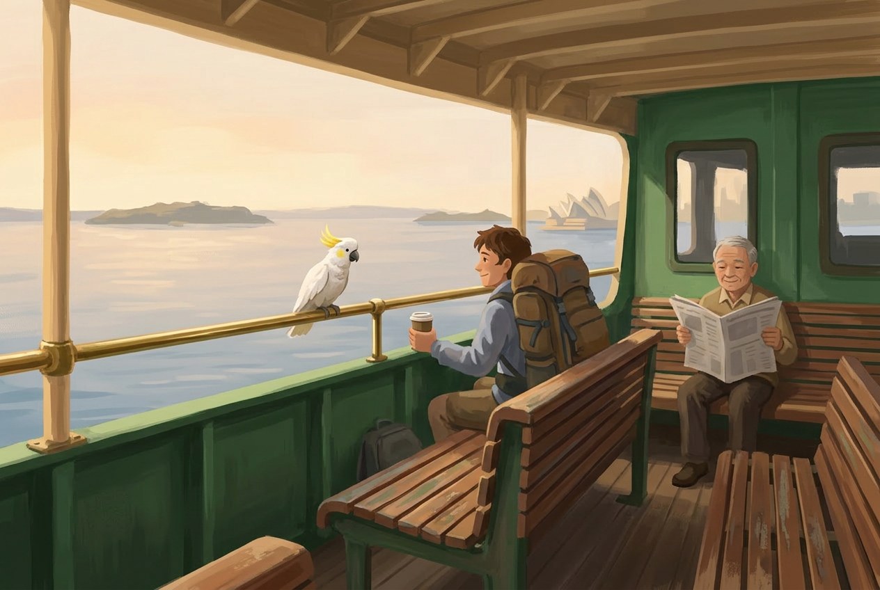 Painterly illustration of the upper deck of the Manly ferry with brass rails, slatted wooden benches, and a cockatoo perched on the rail.