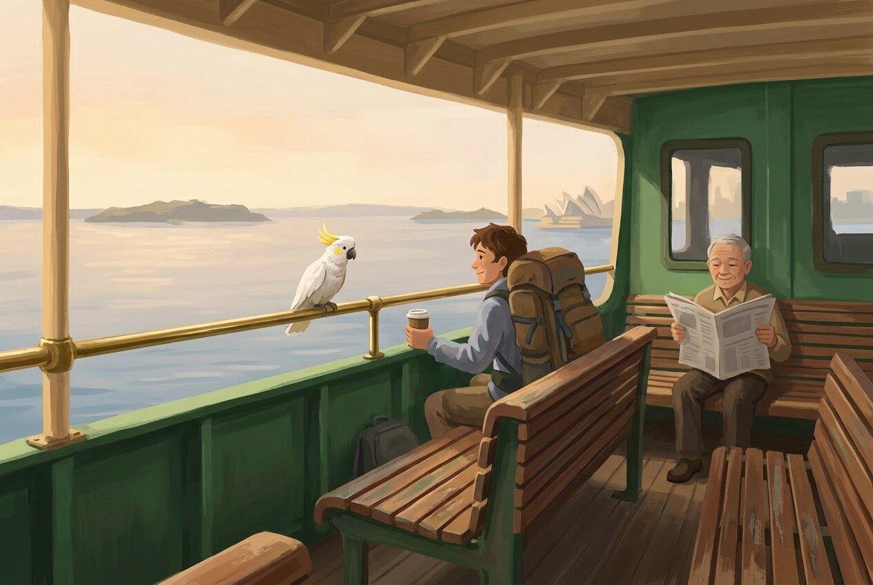 Illustration of the upper deck of the Manly ferry with brass rails, slatted wooden benches, and a cockatoo perched on the rail.