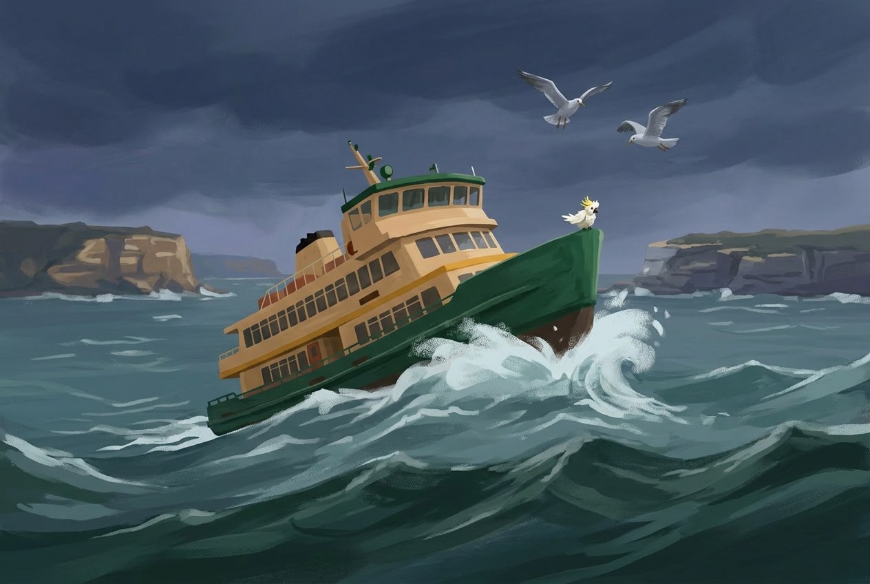 Painterly illustration of the Manly ferry crossing rough seas between the harbour heads on a stormy southerly afternoon.