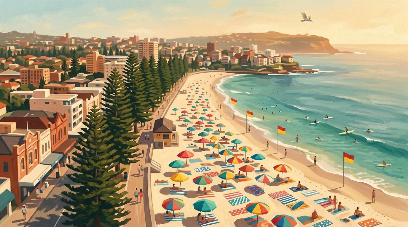 Painterly scene of Manly Beach at the height of summer: bright umbrellas and towels packed along the sand, swimmers between the red and yellow flags, Norfolk Island pines along the promenade, and a heat haze over the headland.