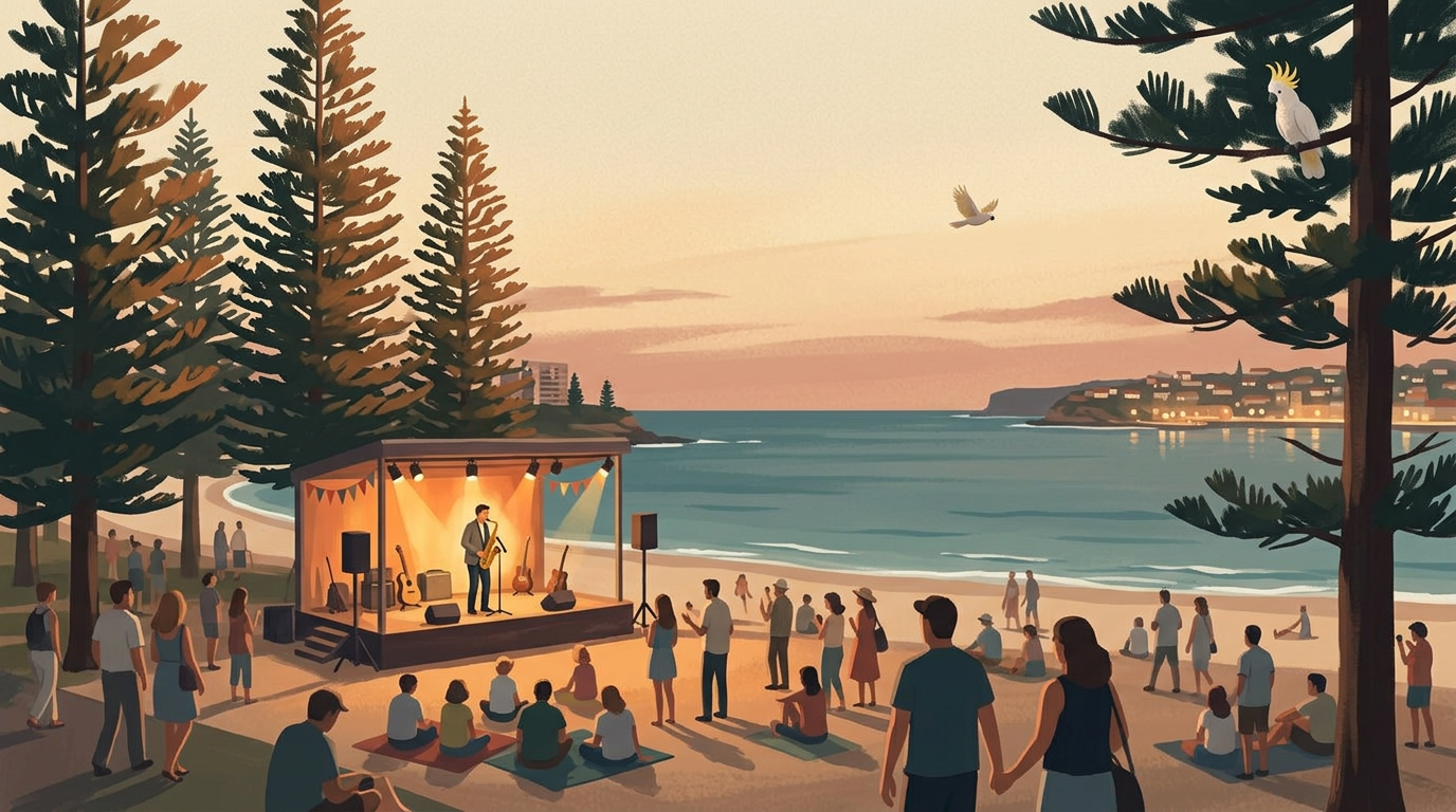 A saxophonist playing on an outdoor stage at Manly Jazz, the crowd and the harbour behind.