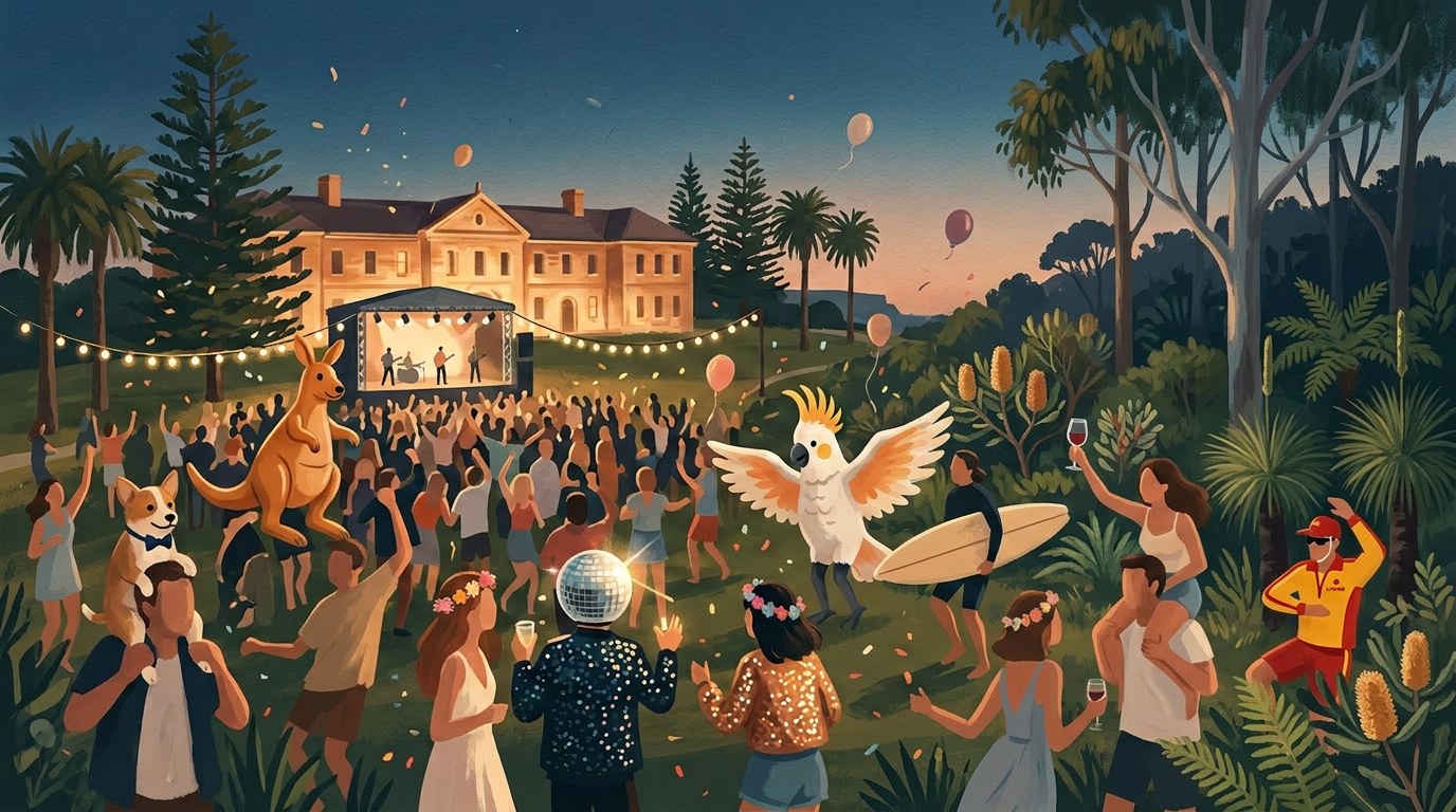 Painterly dusk view of an open-air concert on the grassy clifftop at North Head Sanctuary in Manly, festoon lights strung above a seated crowd, the sandstone Barracks lit warm behind the stage and the Sydney city skyline shimmering across the harbour.