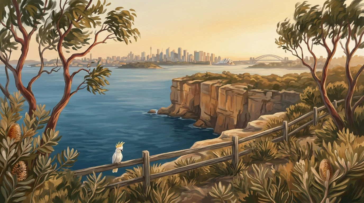 A windswept clifftop on North Head at golden hour, banksia and angophora framing the harbour and city skyline beyond.