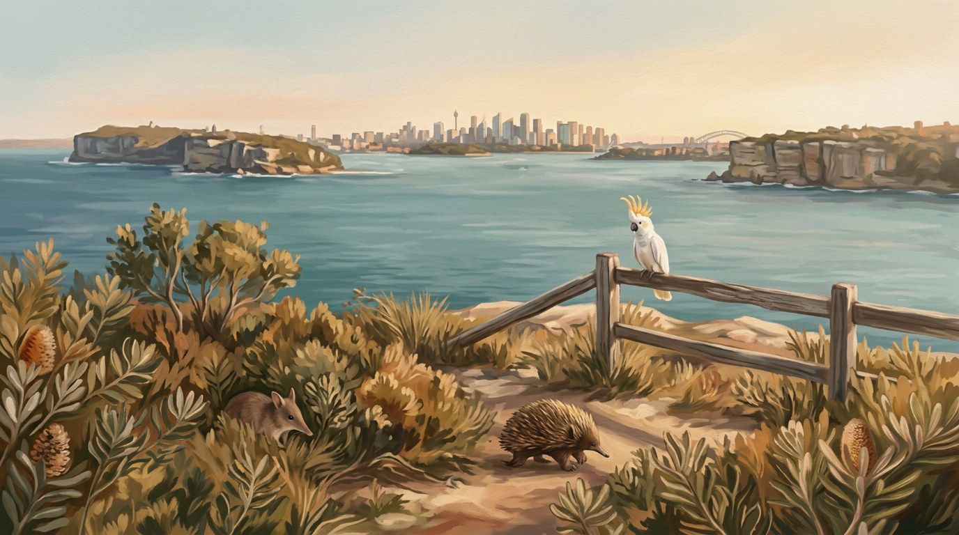 Painterly view from a North Head clifftop at golden hour looking across Sydney Harbour to the city skyline, with native banksia scrub, a long-nosed bandicoot in the undergrowth, an echidna on the path, and a sulphur-crested cockatoo perched on a weathered fence rail.