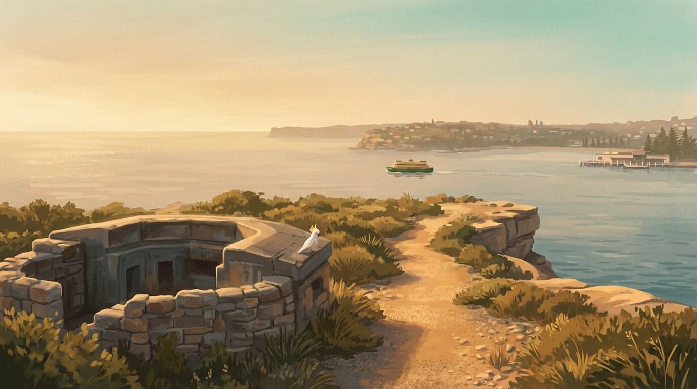 Painterly view from the coastal path between Manly and North Head at golden hour: a sandstone track cutting through coastal heath, the Pacific Ocean stretching beyond the cliffs, a sulphur-crested cockatoo perched on an old gun emplacement, with the Manly ferry crossing the harbour in the distance.