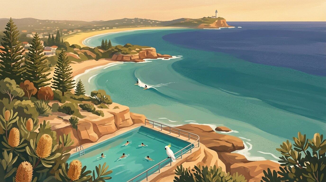Aerial view of the Northern Beaches coastline of Sydney stretching from Manly in the foreground to Palm Beach and Barrenjoey Lighthouse on the horizon, with turquoise ocean pools, surfers on clean waves and a cockatoo perched on a pool railing.