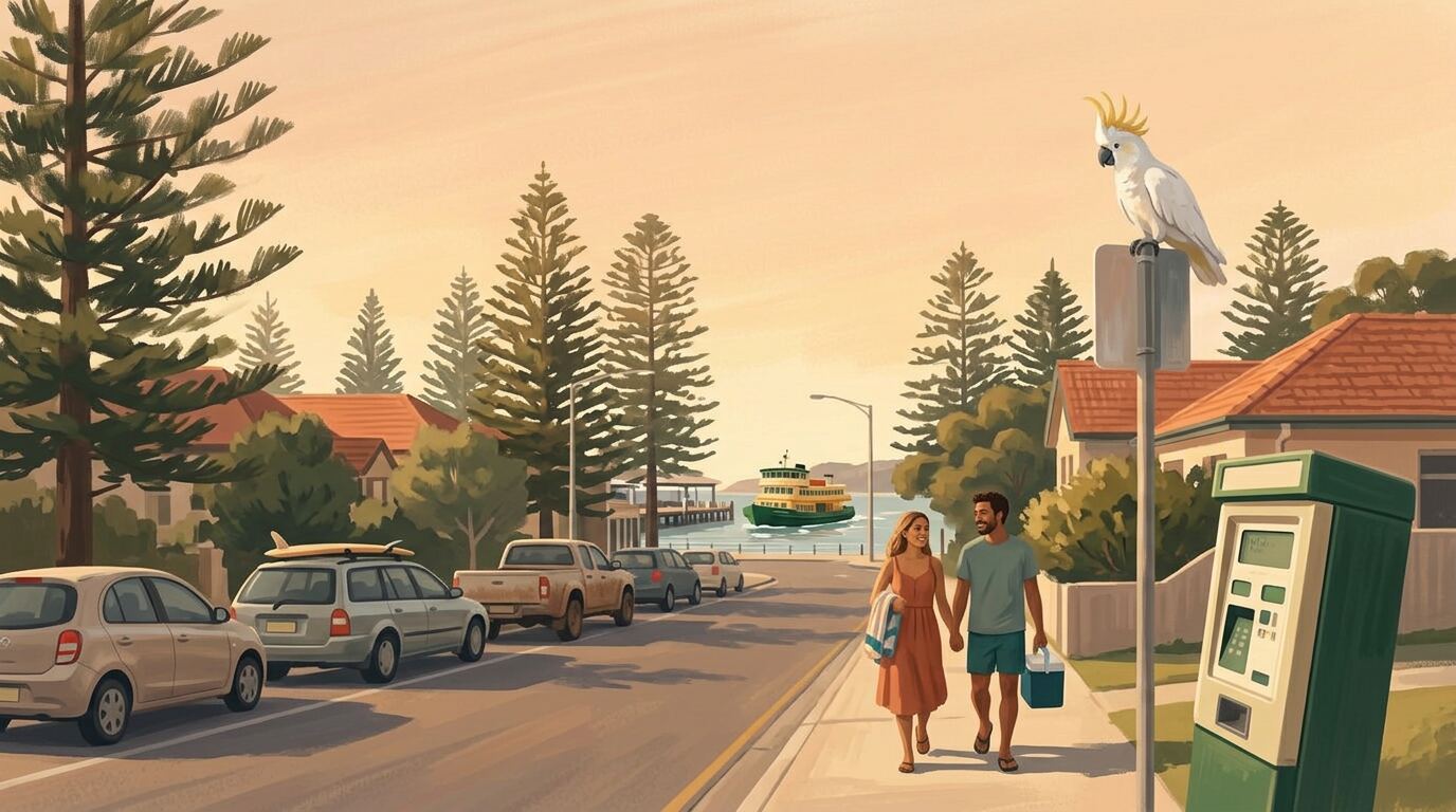 Painterly view of a Manly street with parked cars under Norfolk pines, a parking meter in the foreground, and the ferry gliding into Manly Wharf in the distance.