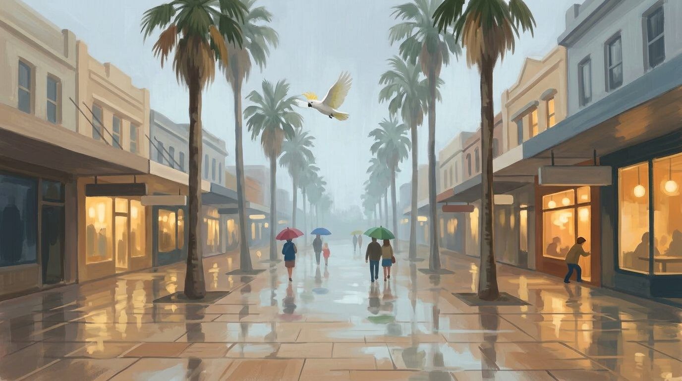 The Corso in Manly on a rainy afternoon, palms lining wet, reflective pavers, people with umbrellas, glowing café windows and a small cockatoo flying for shelter.