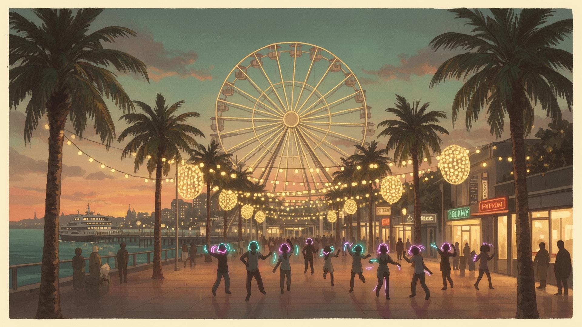 Painterly view of the Manly Corso at dusk during Rise Manly: a glowing Ferris wheel, warm festival lights through the Norfolk pines and silhouettes wandering toward the wharf.