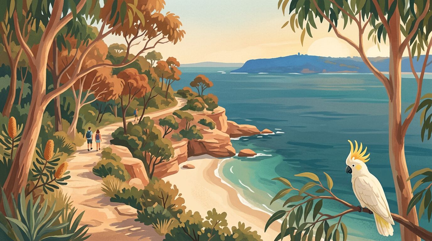 Painterly view along the Spit to Manly walk: a sandstone bush track hugging Sydney Harbour in golden-hour light, with North Head in the distance and a sulphur-crested cockatoo perched on a eucalypt branch.