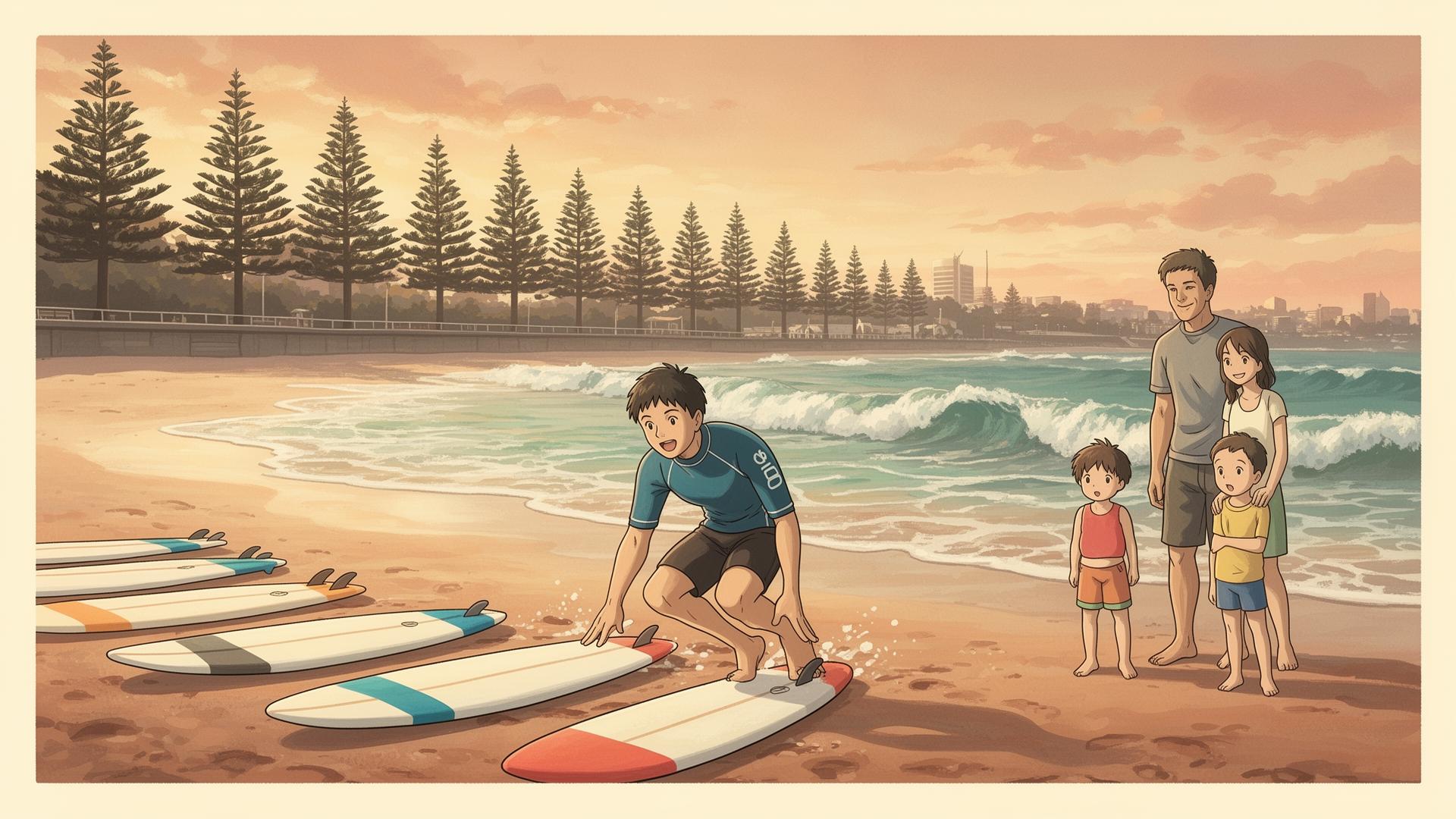 Surfers in the line-up at Manly Beach with the Norfolk pines and promenade in the background.