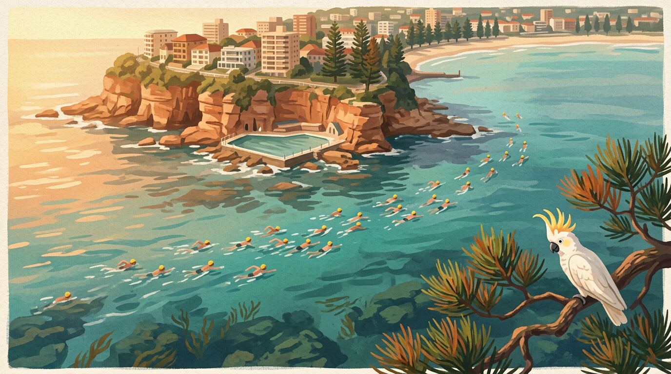 Fairy Bower Sea Pool at Manly, its curved seawall holding back the Pacific with Shelly Beach beyond.