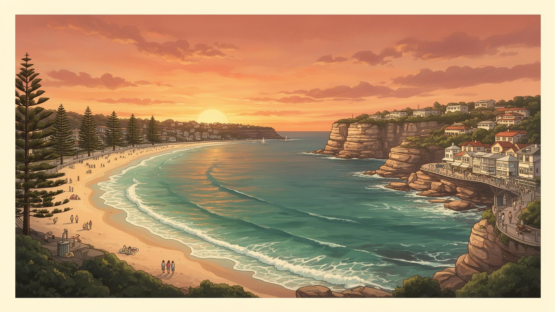 Split aerial view of Manly Beach on one side and Bondi Beach on the other, both with their iconic curves of golden sand.