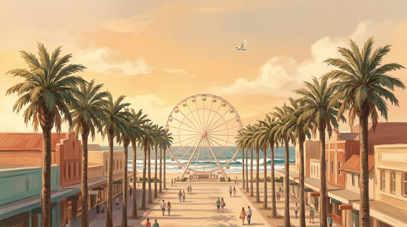 Painterly illustration of a 25-metre Ferris wheel on Manly Beach at golden hour, the Corso stretching behind it, Norfolk Island Pines silhouetted against a peach sky, a sulphur-crested cockatoo perched on a Ferris wheel gondola, and the Manly ferry gliding across the cove in the background.