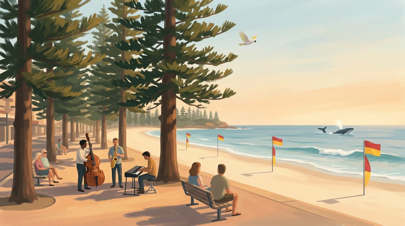 Painterly illustration of Manly's beachfront promenade in spring: a jazz trio with double bass, saxophone and keys playing under the Norfolk pines, red-and-yellow surf flags back on the sand, and a humpback whale and calf spouting offshore, with a cockatoo gliding past in golden afternoon light.