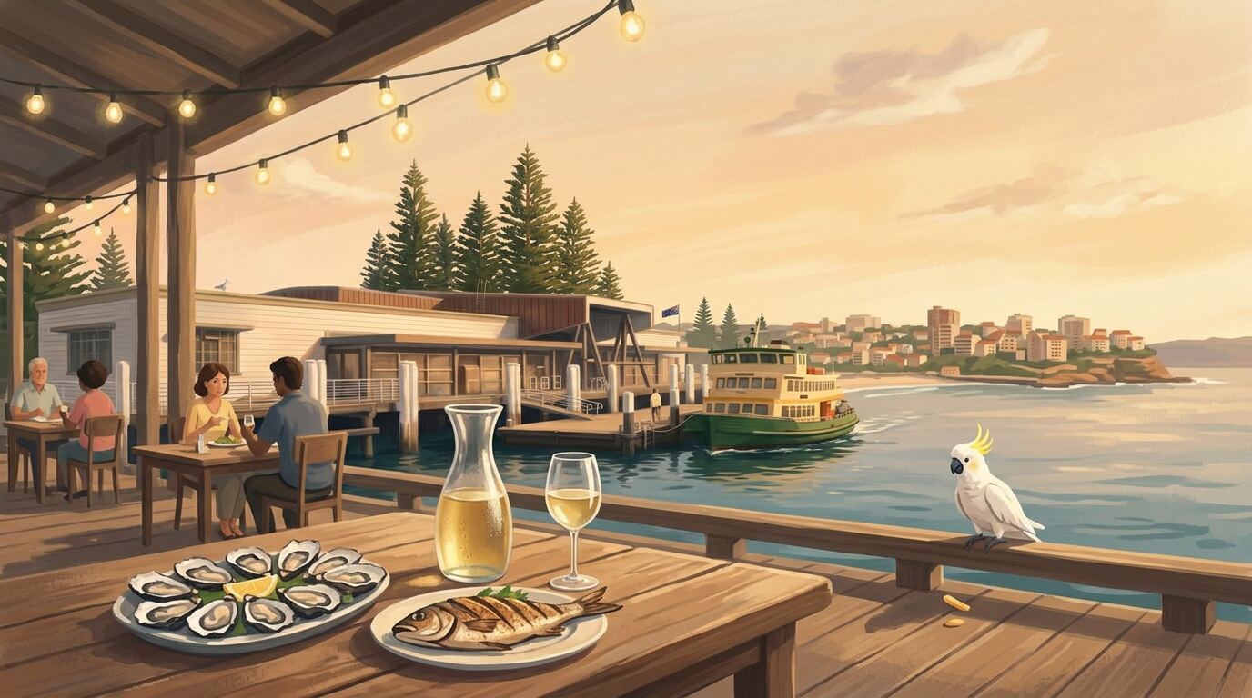 Painterly view of Manly's dining scene: outdoor tables under fairy lights with the ocean in the background, a plate of fresh seafood and a glass of wine on a wooden table, and the Manly ferry visible in the distance.