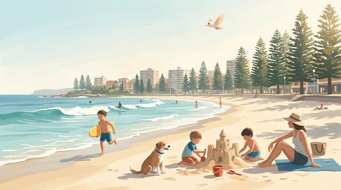 Children building a sandcastle on Manly Beach while a parent watches from a towel, a child running past with a boogie board, a dog sitting nearby, and Norfolk pines lining the promenade under a flying cockatoo.