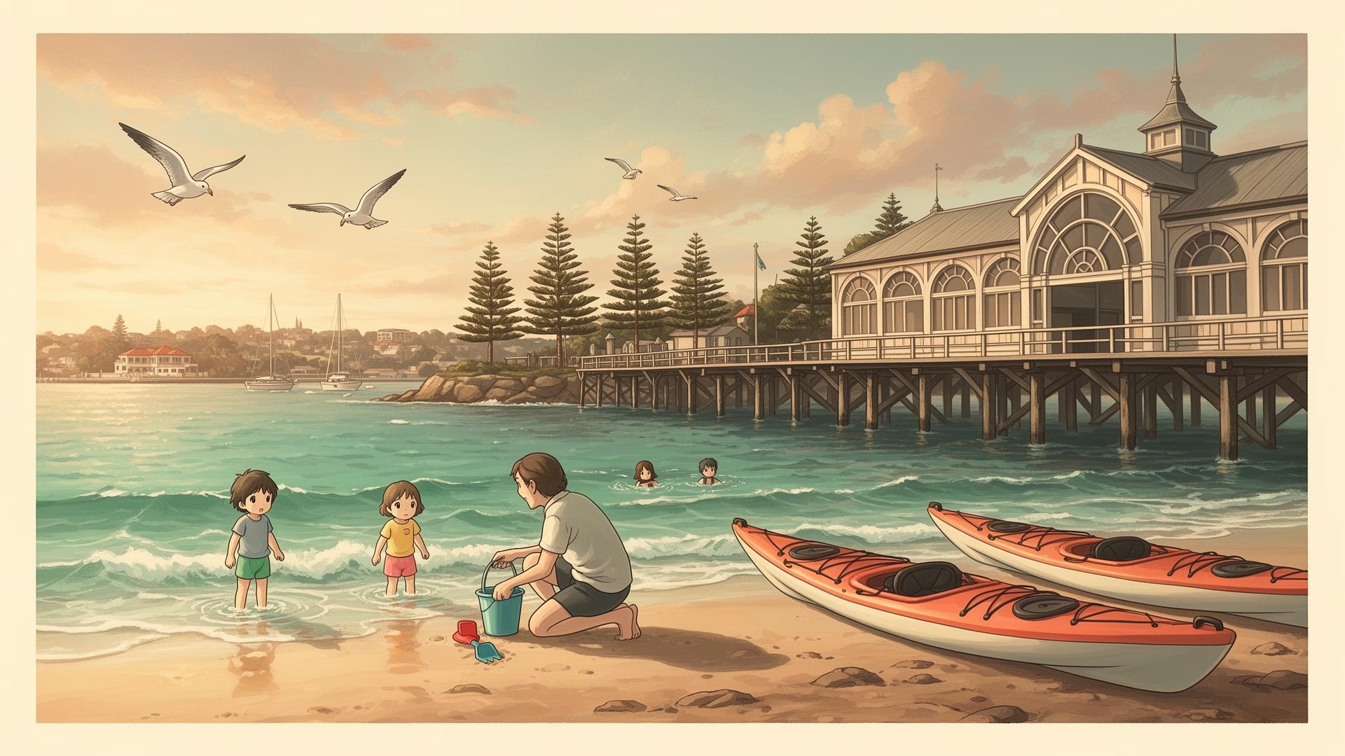 Family with two small children on the sand at Shelly Beach, calm clear water lapping the shore.
