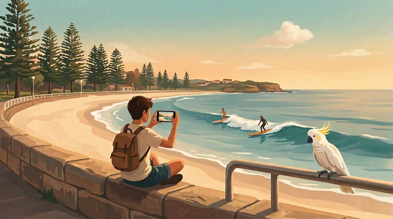 Painterly scene of Manly Beach at golden hour: someone filming on a smartphone from the seawall, a cockatoo beside them, surfers on the swell, and Norfolk Island Pines against a soft sunset sky.