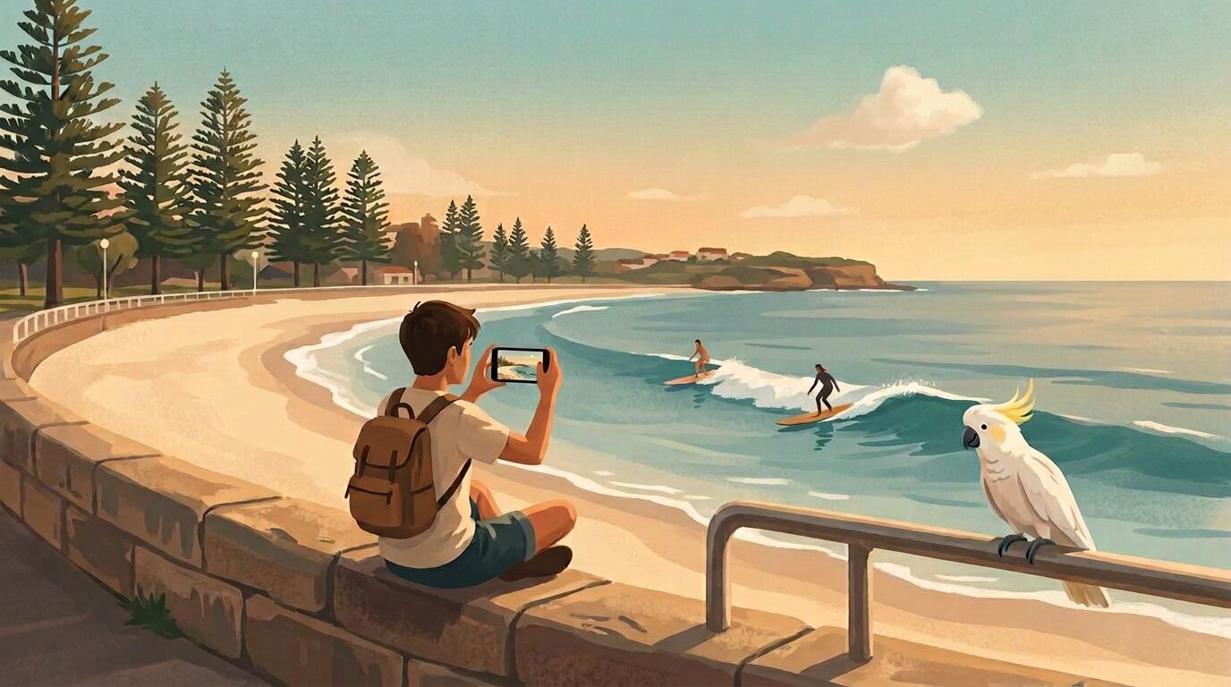 Painterly scene of Manly Beach at golden hour: someone filming on a smartphone from the seawall, a cockatoo beside them, surfers on the swell, and Norfolk Island Pines against a soft sunset sky.
