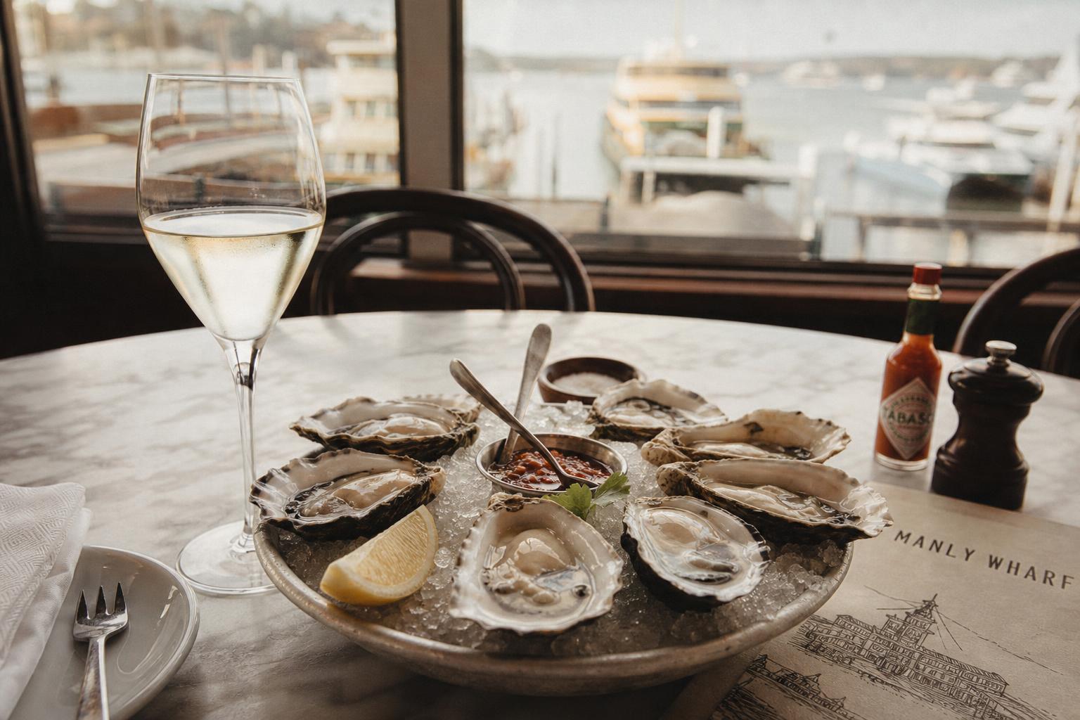 Sydney rock oysters on ice with lemon at a Manly Wharf restaurant