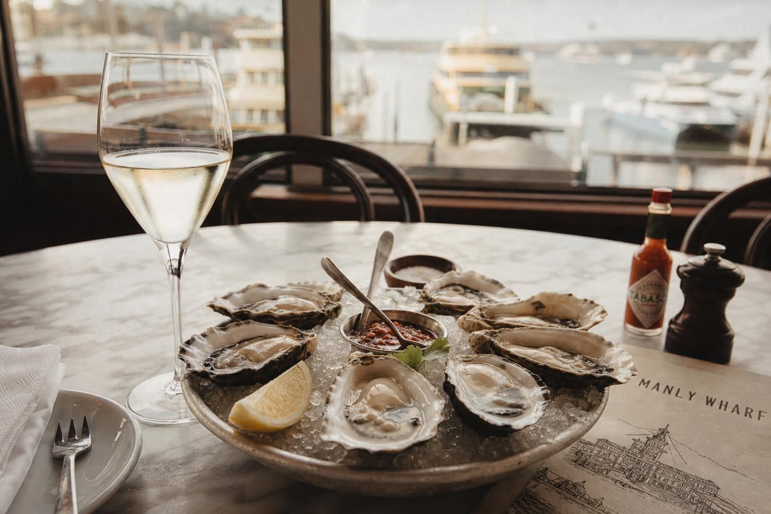 Sydney rock oysters on ice with lemon at a Manly Wharf restaurant