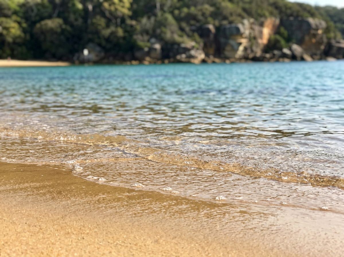 Store Beach: clear shallows over golden sand in a sheltered cove, bush and sandstone rising behind it. Boat access only, and closed dusk to dawn in penguin breeding season.